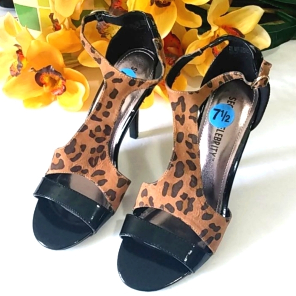 SECRET CELEBRITY BLACK LEOPARD HEELS SIZE 7.5